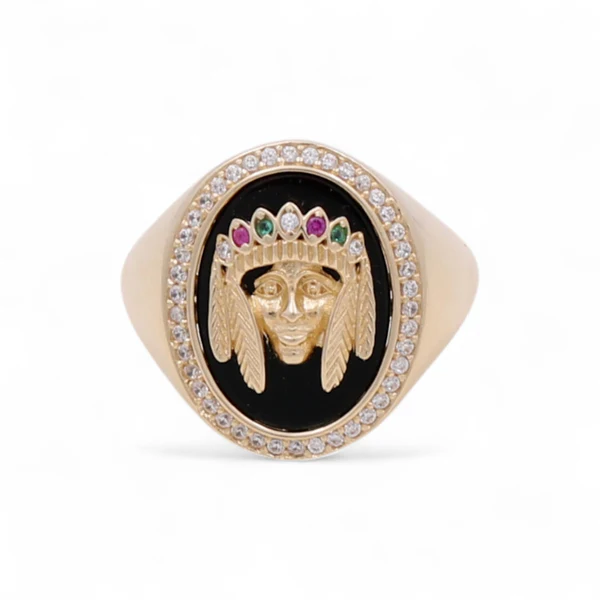 14K Yellow Gold Indian Oval Men's Ring with Onyx and Cz / Size: 10.5 / Weight: 8.1 GR / CQMR4IN-1