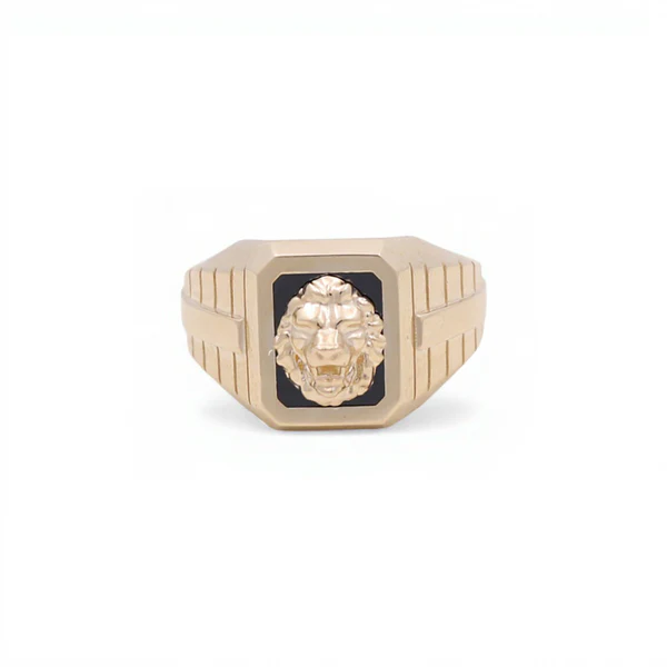 10K Yellow Gold SQ Lion Men's Ring with Onyx / Size: 11.5 / Weight: 5.8 GR / CQMR0LN-4