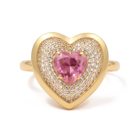 14K Yellow Gold Heart Women's Ring with Pink and White Cz / Size: 8 / Weight: 7 GR / BOWR4HR-14