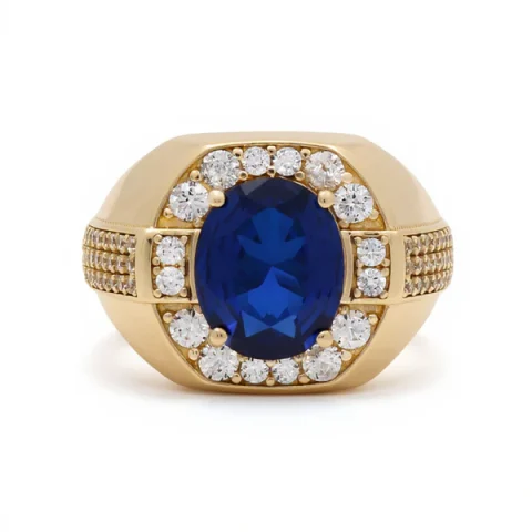 14K Yellow Gold Fashion Men's Ring with Blue and White Stones / Size: 11 / Weight: 7.3 GR / BOMR4FS-45