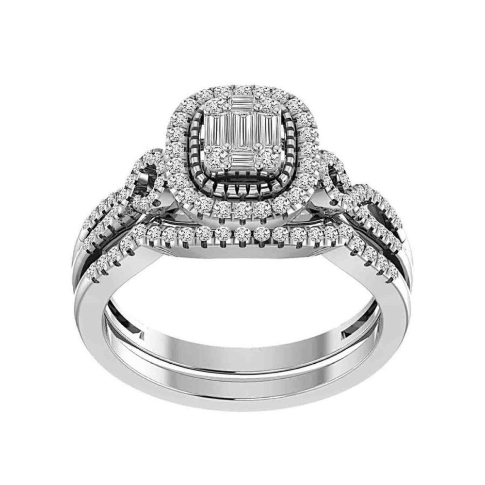 LADIES BRIDAL SET 0.50CT ROUND/BAGUETTE DIAMOND 14K WHITE GOLD SIZE 7