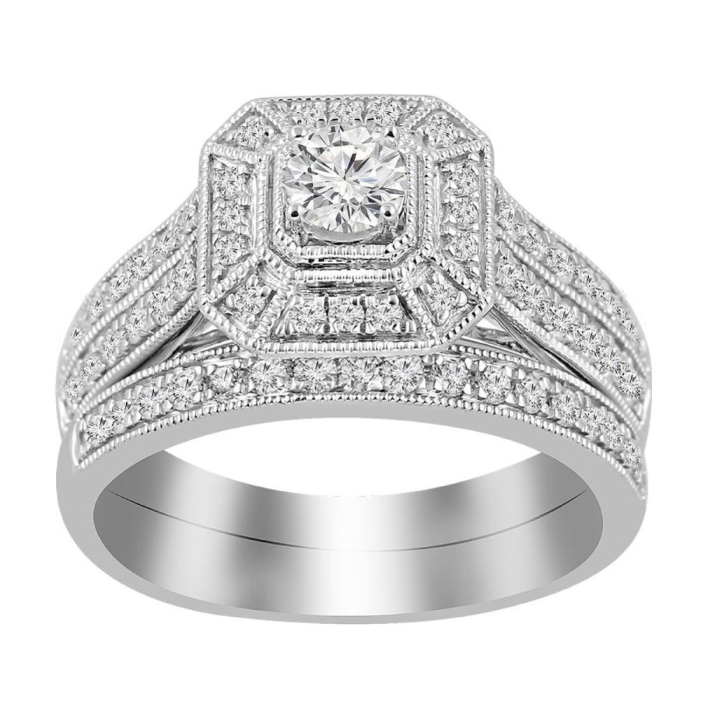 LADIES BRIDAL SET 1.00CT ROUND DIAMOND 10K WHITE GOLD SIZE 7 (CENTER STONE 0.33CT ROUND DIAMOND)
