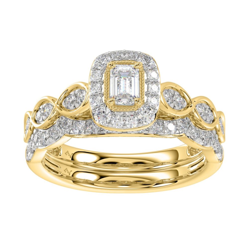 LADIES BRIDAL SET 1.00CT ROUND/EMERALD DIAMOND 14K YELLOW GOLD SIZE 7