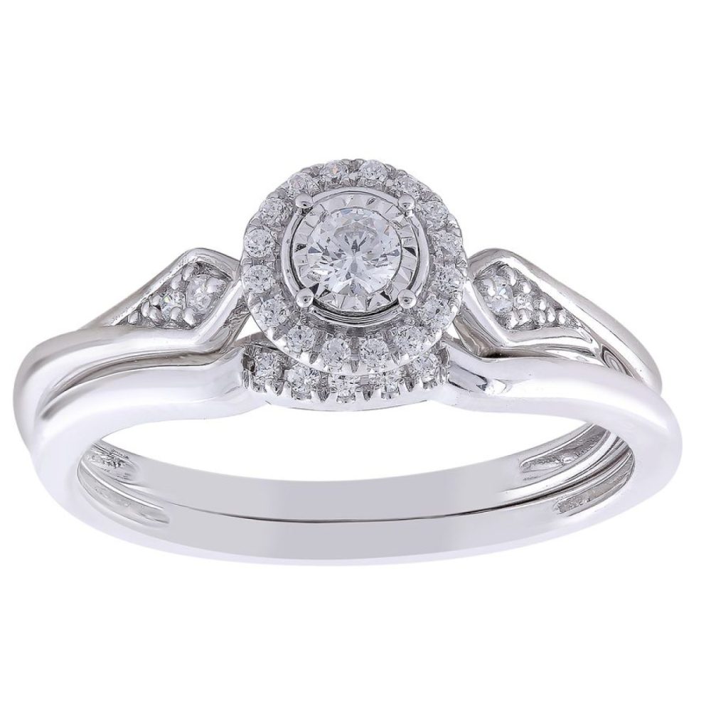 LADIES BRIDAL SET 0.20CT ROUND DIAMOND 10K WHITE GOLD SIZE 7