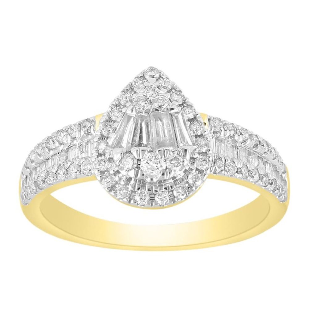LADIES RING 0.75CT ROUND/BAGUETTE DIAMOND 10K YELLOW GOLD SIZE 7