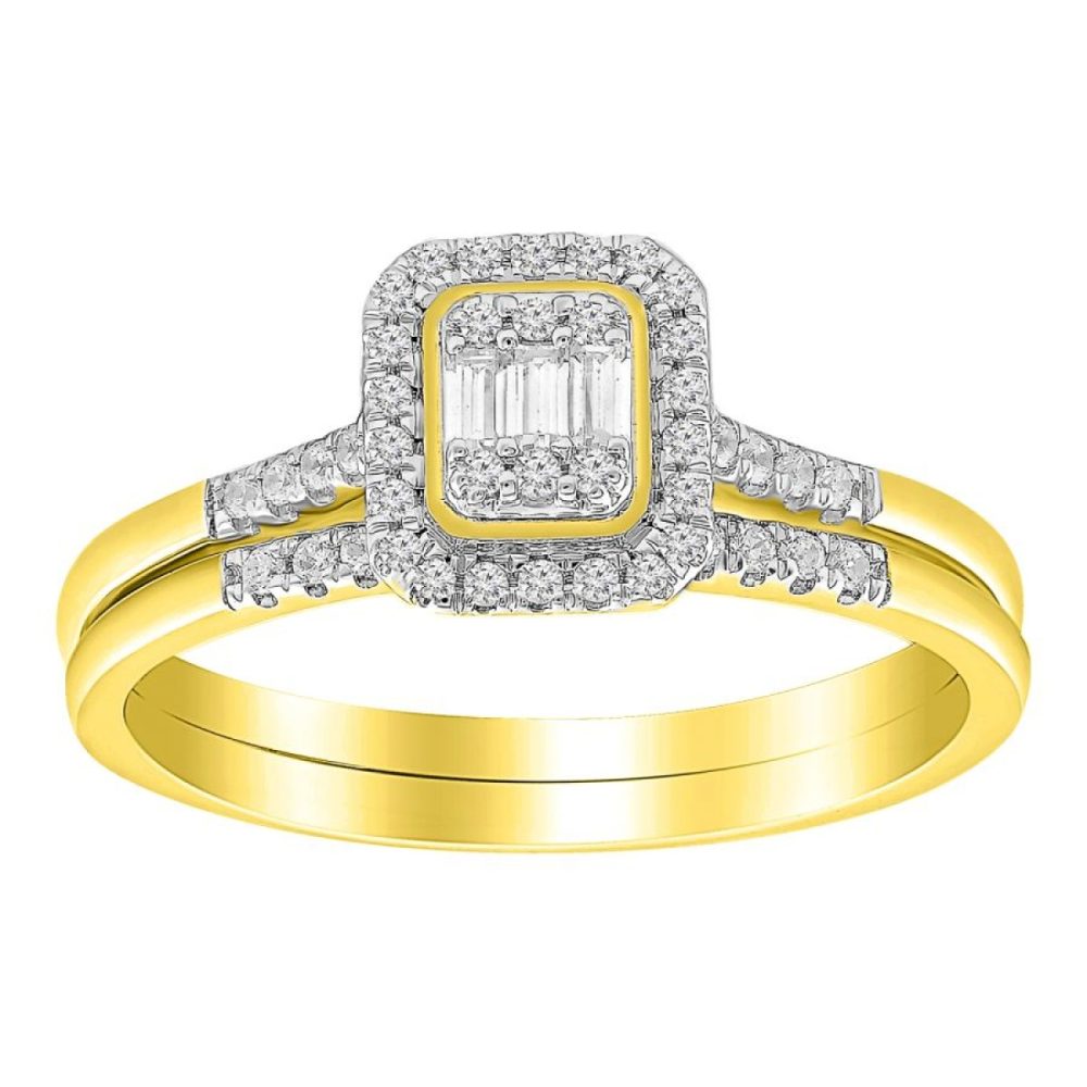 LADIES BRIDAL SET 0.25CT ROUND/BAGUETTE DIAMOND 10K YELLOW GOLD SIZE 7