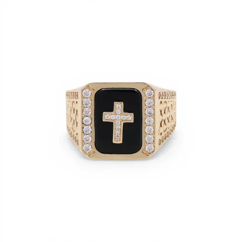10K Yellow Gold SQ Cross Men's Ring with Onyx and Cz / Size: 11.5 / Weight: 7.7 GR / CQMR0CS-4