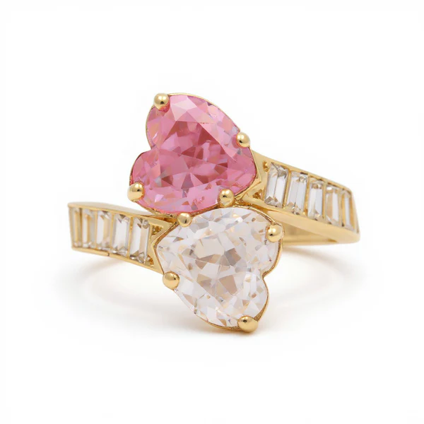 14K Yellow Gold Baguette Women's Ring with Two Hearts / Stone: Cz / Size: 8 / Weight 4.8 GR / BOWR4HR-13
