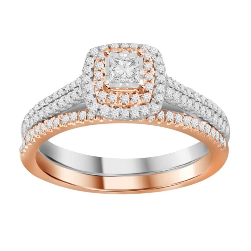 LADIES BRIDAL SET 0.50CT ROUND/PRINCESS DIAMOND 14K WHITE/ROSE GOLD SIZE 7