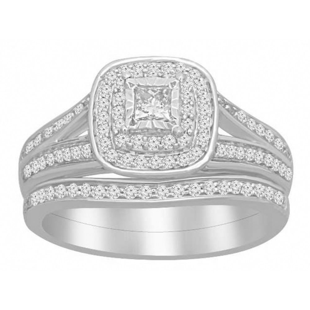 LADIES BRIDAL RING 0.50CT ROUND/PRINCESS DIAMOND 10K WHITE GOLD SIZE 7
