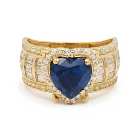 14K Yellow Gold Baguette Heart Women's Ring with Blue and White Cz / Size: 7.5 / Weight: 5.1 GR / BOWR4HR-15