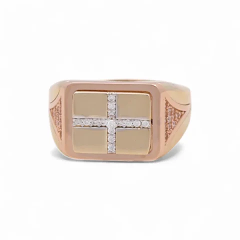 14K Yellow and Rose Gold Cross Men's Ring with White Cz / Size: 11.5 / Weight: 5.1 GR / DQMRTT4CS