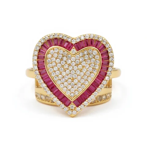 14K Yellow Gold Women's Baguette Heart Ring with Cz / Size: 7.5 / Weight: 10.6 GR / DOWR4HR-5