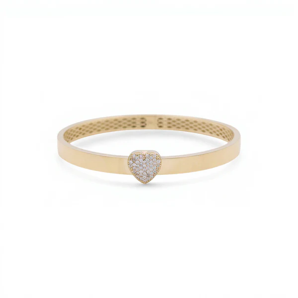 10K Yellow Gold Semisolid Heart Women’s Bangle Bracelet with Cz / Weight: 9.2 GR / CQBB0HR