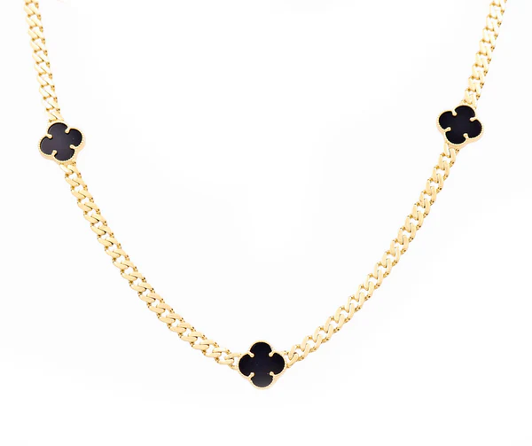 10K Yellow Gold Monaco Women's Necklace With Three Black Clover and Cz / Size: 17.5" / Weight: 13.3 GR / CQNK0MONCLV