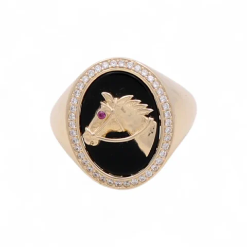 14K Yellow Gold Fashion Oval Horse Men's Ring with Onyx and Cz / Size: 10.5 / Weight: 7.4 GR / CQMR4HR-1