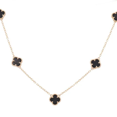14K Yellow Gold Women's Necklace with 5 Black Clover / Size:17" 13MM / Weight 8.1GR / BONK4CLV-9