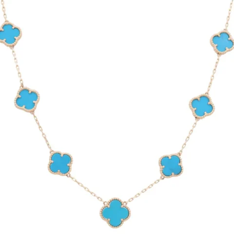 14K Yellow Gold Women's Necklace with 7 Light Blue Clover / Size 18"" / Weight 16.8 GR / BONK4CLV-9
