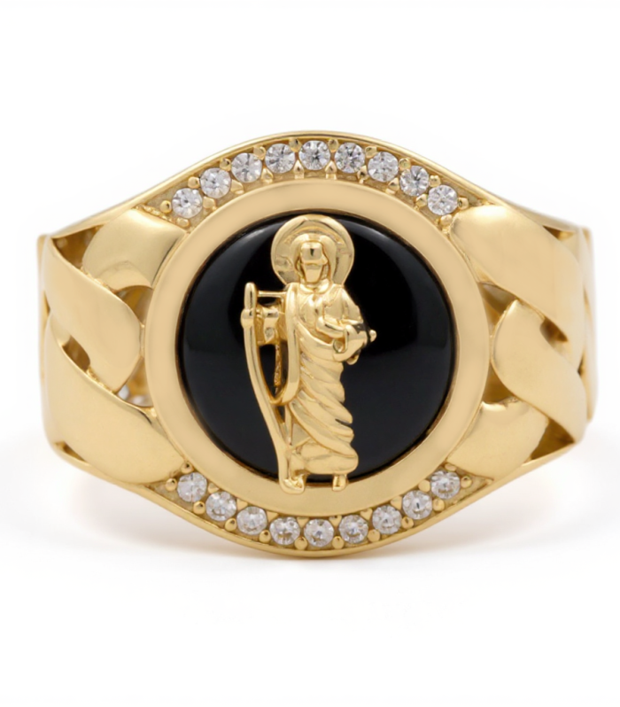 10K Yellow Gold San Judas RD Men's Ring with Onyx and Cz / Size: 11.5 / Weight: 7.4 GR / CQMR0SJ