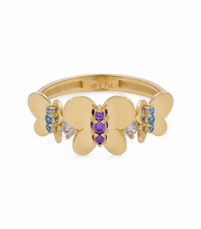 14K Yellow Gold Three Butterflies Women's Ring with Cz / Size: 8 / Weight: 2.4 GR / CPWR4BT