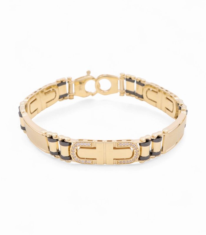 14K Yellow Gold Semisolid Italian Men's Bracelet with Onyx and Cz / Size: 8" / Weight: 20.4 GR / 120-03098