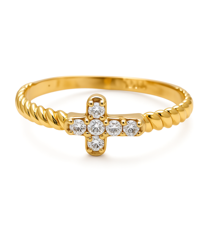 14K Yellow Gold Small Cross Women's Ring with Cz / Size: 7.5 / Weight: 1.3 GR / CEEWR4CS