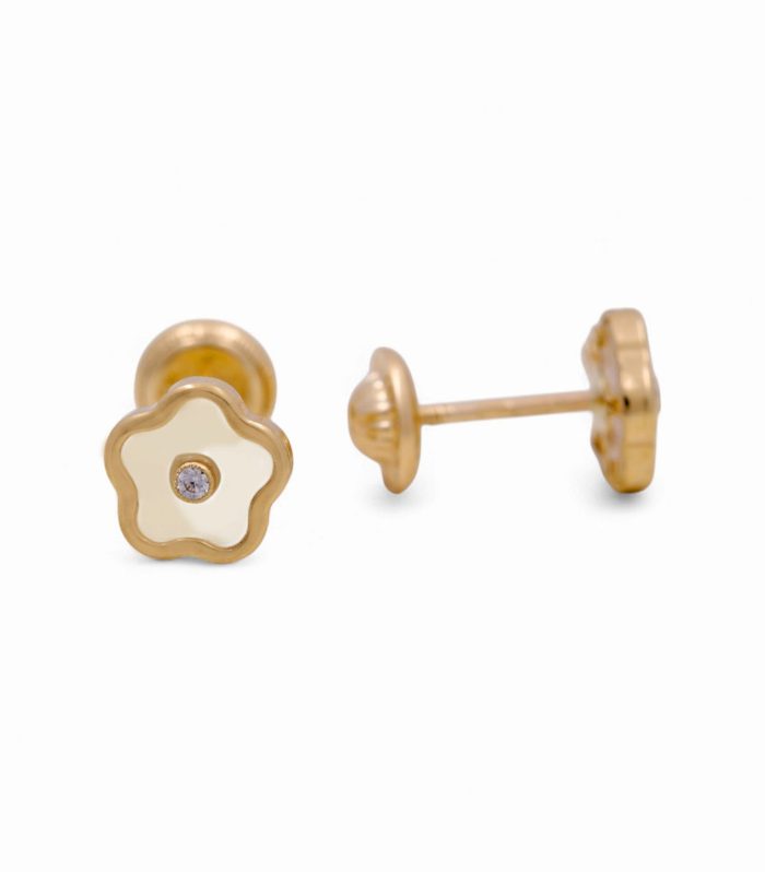 14k Yellow Gold Flower Stud Earrings with Mother of Pearl and Cz / 6-917801PN