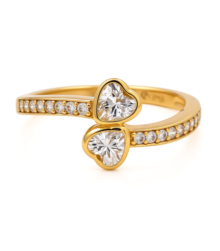 14K Yellow Gold Two Hearts Women's Ring with Cz / Size: 7 / Weight: 2.5 GR / CEEWR4HR-4