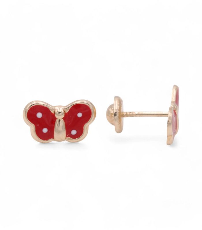 14k Yellow Gold Red Butterfly Stud Earrings / 6-602301P