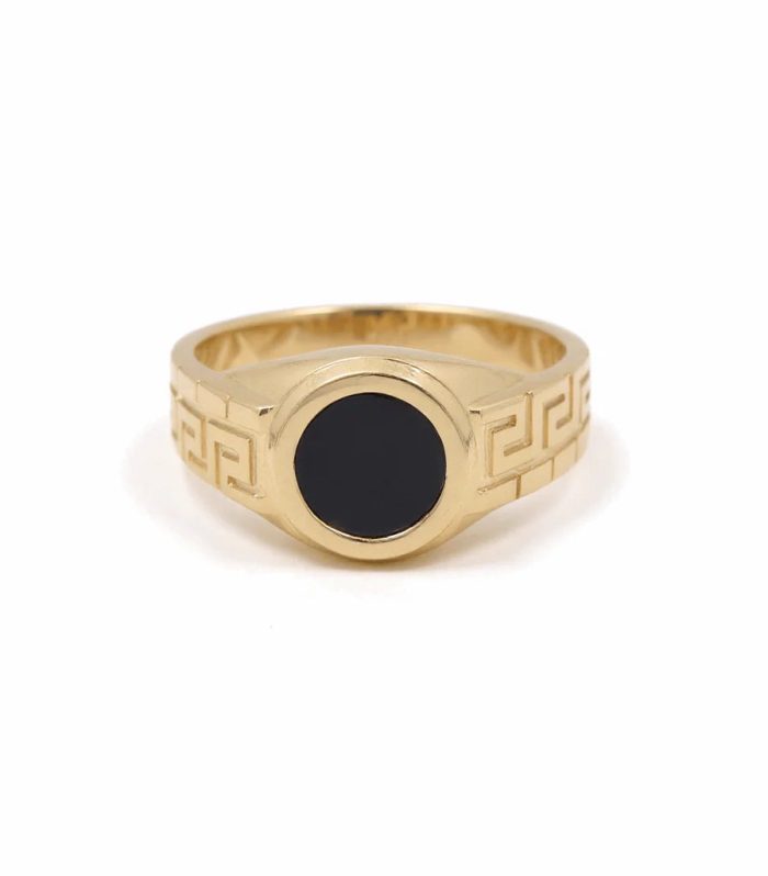 10K Yellow Gold RD Men's Ring With Onyx and Greek / Size: 11.5 / Weight: 4.4 GR / BQMR0FS