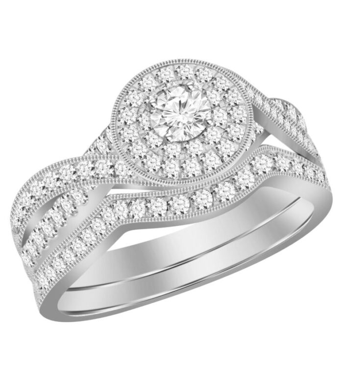 LADIES BRIDAL SET 0.75CT ROUND DIAMOND 14K WHITE GOLD