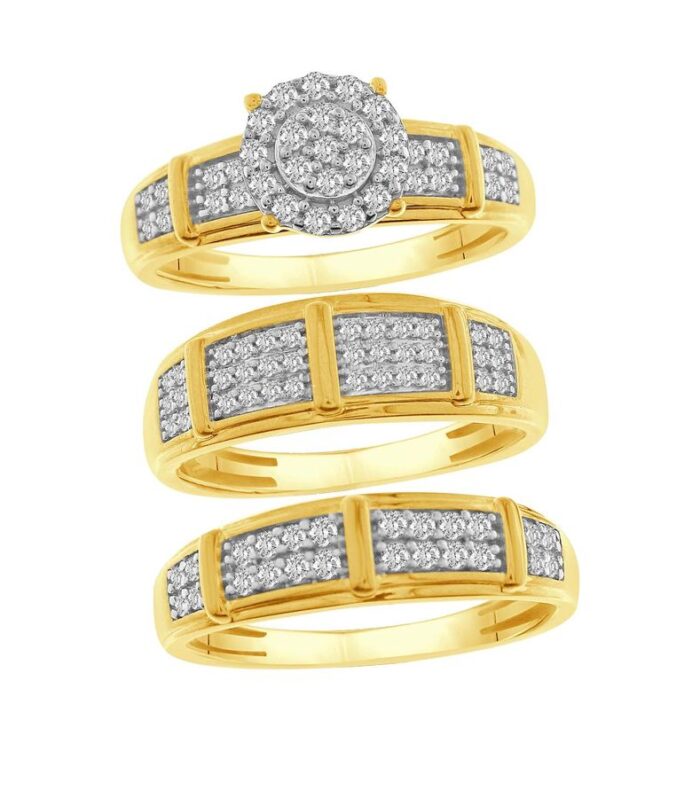 UNISEX TRIOS SET 0.75CT ROUND DIAMOND 10K YELLOW GOLD