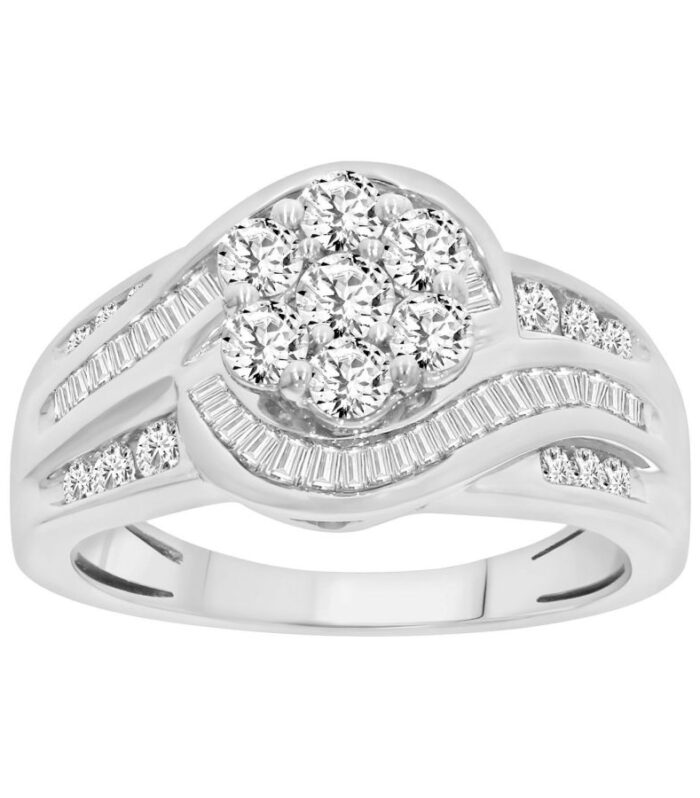 LADIES RING 1.00CT ROUND/BAGUETTE DIAMOND 10K WHITE GOLD