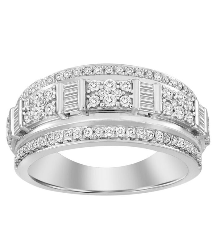 MEN'S RING 1.00CT ROUND/BAGUETTE DIAMOND 14K WHITE GOLD