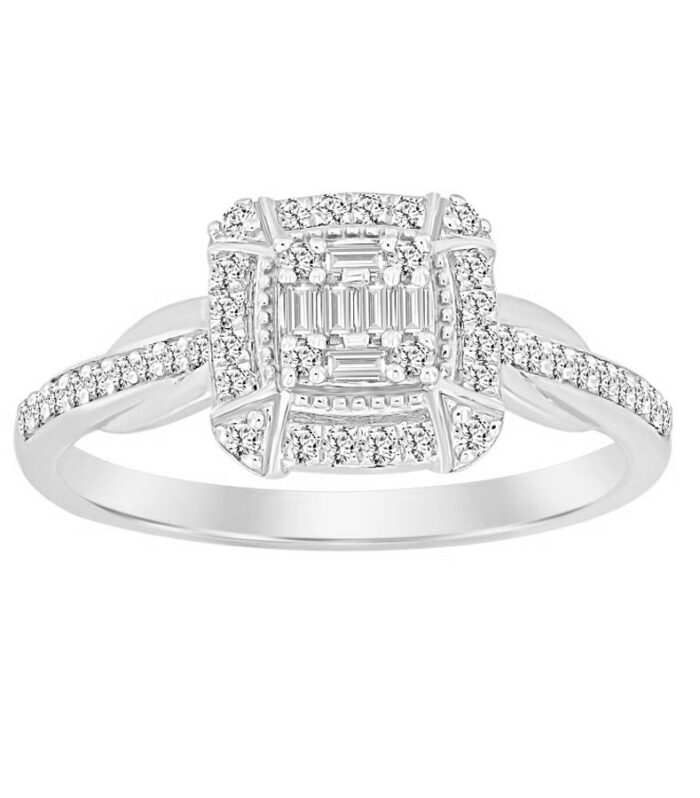 LADIES RING 0.25CT ROUND/BAGUETTE DIAMOND 10K WHITE GOLD
