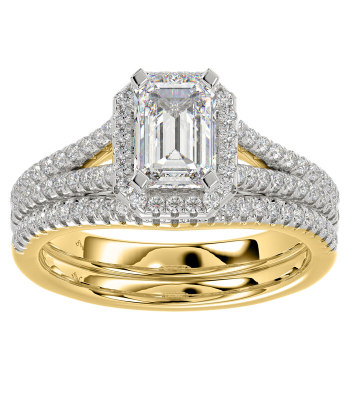 LADIES BRIDAL SET 1.50CT ROUND DIAMOND 14K YELLOW GOLD (SI QUALITY) (CENTER STONE 1.00CT EMERALD DIAMOND)