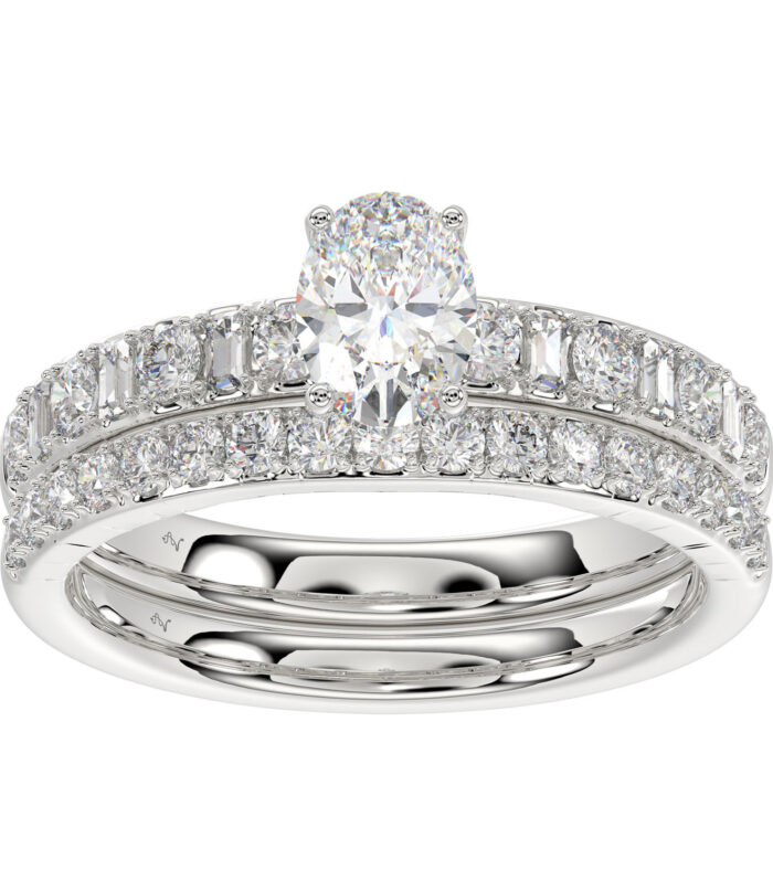 LADIES BRIDAL SET 1.50CT ROUND/BAGUETTE DIAMOND 14K WHITE GOLD (SI QUALITY) (OVAL DIAMOND-0.75CT)