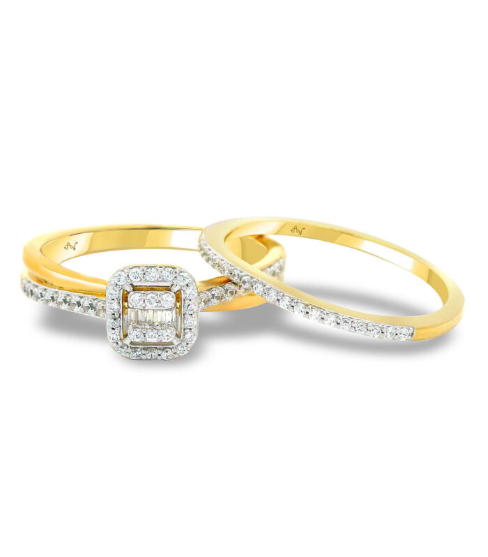 LADIES BRIDAL SET 0.33CT ROUND/BAGUETTE DIAMOND 14K YELLOW GOLD