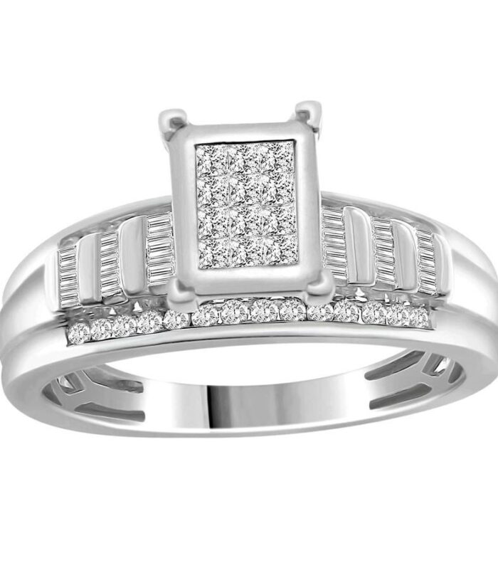 LADIES RING 0.50CT ROUND/BAGUETTE DIAMOND 10K WHITE GOLD