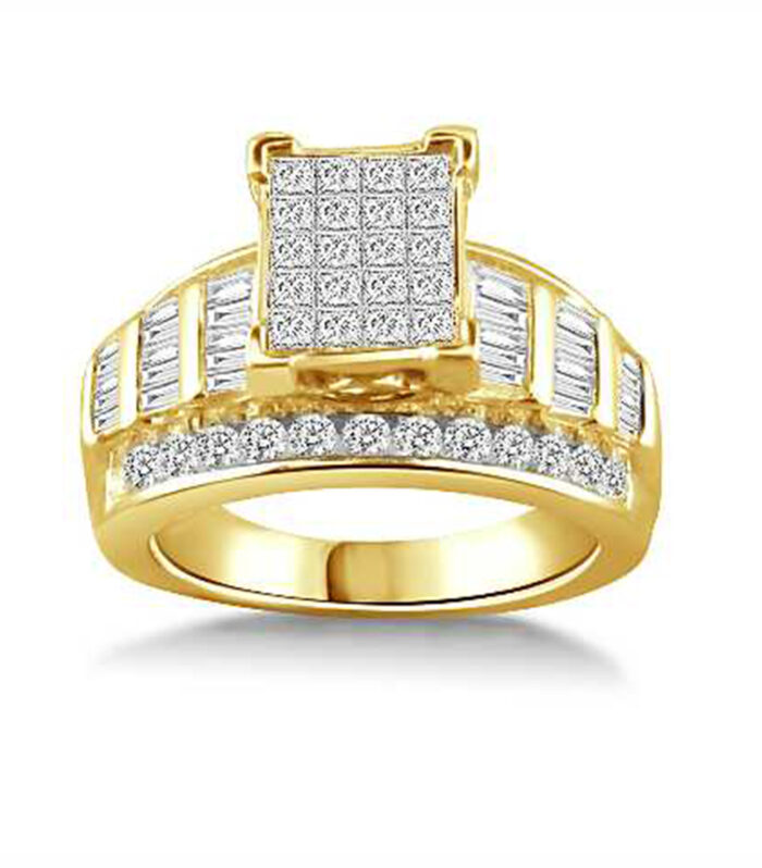 LADIES RING 1.50CT ROUND/PRINCESS/BAGUETTE DIAMOND 10K YELLOW GOLD