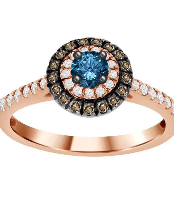 LADIES RING 0.55CT ROUND/BLUE SAPPHIRE/DARK BROWN DIAMOND 14K ROSE GOLD