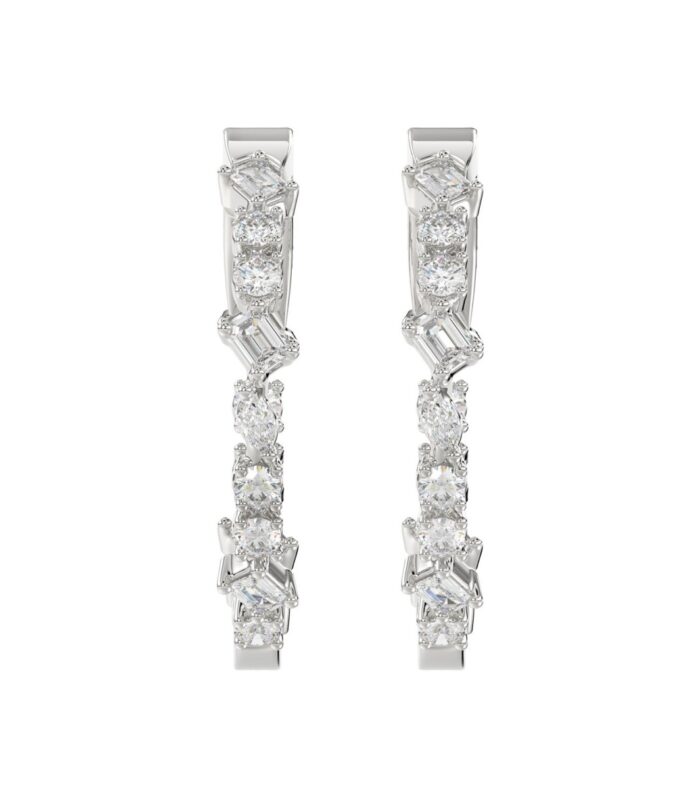 LADIES HOOP EARRINGS 2 1/2CT ROUND/EMERALD/MARQUISE DIAMOND 14K WHITE GOLD