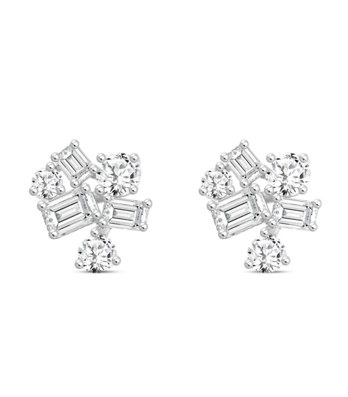 LADIES STUD EARRINGS 3 1/2CT EMERALD/ROUND DIAMOND 14K WHITE GOLD
