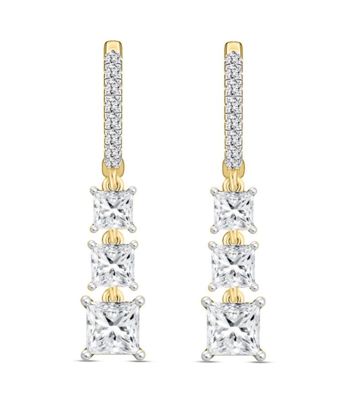 LADIES EARRINGS 2CT ROUND/PRINCESS DIAMOND 14K YELLOW GOLD