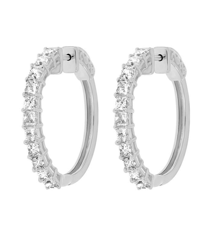 LADIES HOOP EARRINGS 2CT PRINCESS DIAMOND 14K WHITE GOLD
