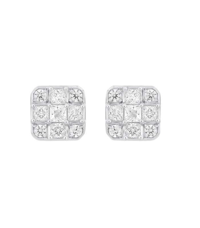LADIES EARRINGS 1CT ROUND/PRINCESS DIAMOND 14K WHITE GOLD