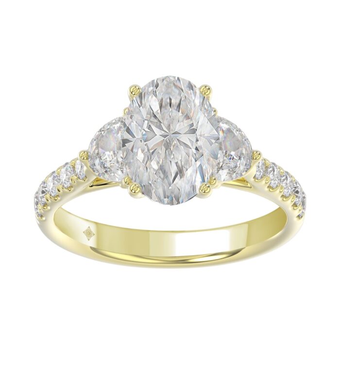 LADIES RING 3CT ROUND/OVAL/HALF MOON DIAMOND 14K YELLOW GOLD (CENTER STONE OVAL DIAMOND 2CT )
