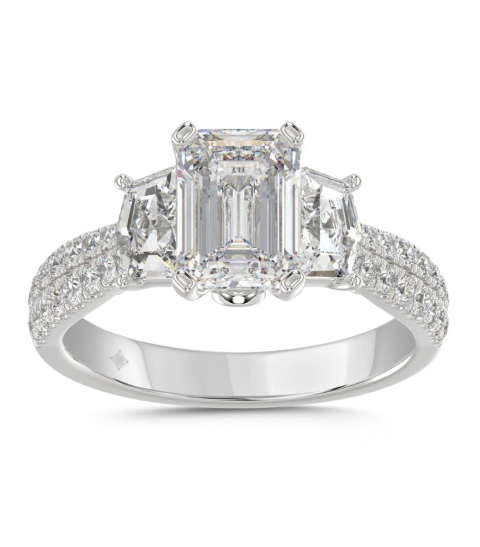 LADIES RING 3CT ROUND/EMERALD/CADILLAC DIAMOND 14K WHITE GOLD (CENTER STONE EMERALD DIAMOND 2CT )