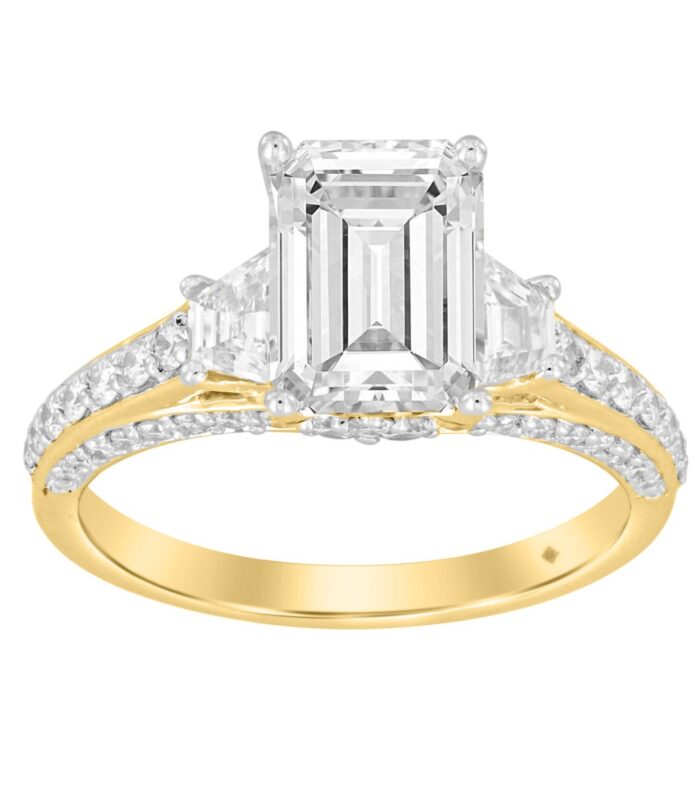 LADIES RING 3CT ROUND/EMERALD/TRAPEZOID DIAMOND 14K YELLOW GOLD (CENTER STONE EMERALD DIAMOND 2CT )