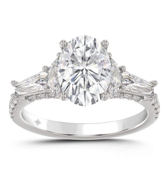 LADIES RING 3 1/2CT ROUND/HALF MOON/OVAL/BAGUETTE DIAMOND 14K WHITE GOLD (CENTER STONE OVAL DIAMOND 2CT )